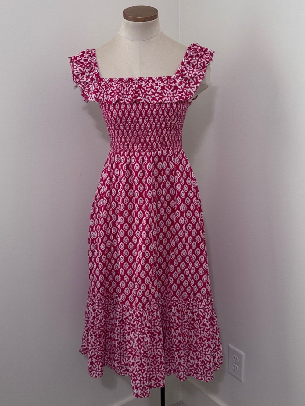 Vineyard Vines XXS Red Tile Smocked Ruffle Midi Dress ~ Beach Preppy
